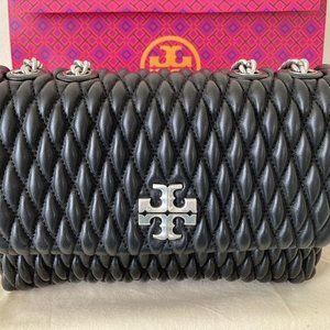 New Tory Burch Small Kira Convertible Chain Shoulder Bag Ruched Quilted Black